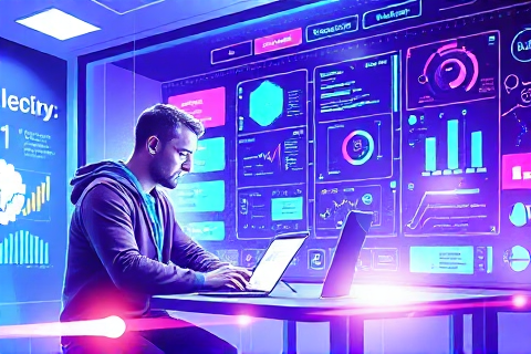 Futuristic illustration of people learning coding with digital interface elements, light tech palette